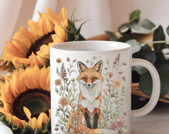 Keramische mok vos bloemen, koffiekopje natuurliefhebber, mok thee dieren in het wild dieren, cadeau voor buitenliefhebber, bos schepsel keukendecor