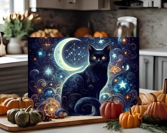 Black Cat Glass Cutting Board | Gothic Moonlight Design | Tempered Prep Board
