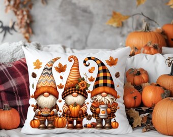 Fall Gnome Pillow | Autumn Throw Cushion, Plaid, Pumpkins (Spun Polyester)