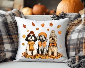 Autumn Puppies Decorative Pillow, Cozy Fall Dog Lover Gift, Seasonal Home Decor