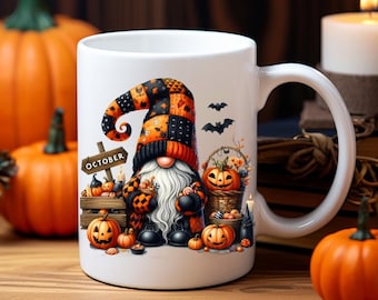 Halloween Gnome Mug, Spooky October Decor, Ceramic Coffee Cup