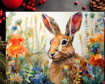 May include: Watercolor painting of a brown hare with long ears, surrounded by colorful flowers in shades of orange, blue, and yellow. The artwork has a soft, painterly style, evoking a sense of nature and springtime. The hare is the focal point.