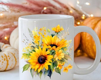 Sunflower Ceramic Mug, Autumn Floral Tea Cup, Vibrant Fall Coffee Mug