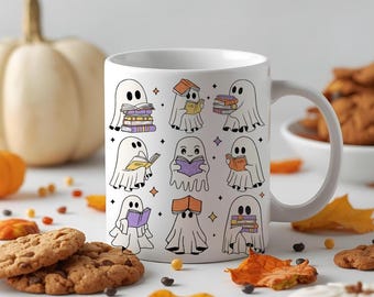 Cozy Ghost Reading Mug, Halloween Book Lover Ceramic Coffee Cup (11oz/15oz)
