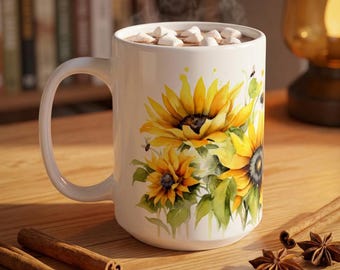 Sunflower Bee Coffee Mug, Watercolor Garden Design, Ceramic Mug (11oz or 15oz)