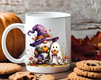 Gnome and Ghost Halloween Mug, Autumn Witch Coffee Cup, Spooky Season Drinkware