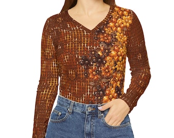 Autumn Floral V-Neck Long Sleeve Shirt, Fall Botanical Tee