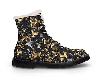 Black Silver Gold Star Pattern Women's Fur and Leather Boots