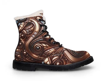 Braun Kupfer Muster Stiefel | Fell-Leder-Stiefeletten