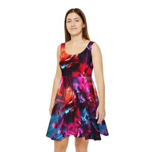 Vibrant Skater Dress: Elegant High Neckline, Chic Party Outfit