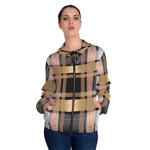 Plaid Women&#39;s Hoodie, Checkered Full-Zip Sweatshirt, Tartan Jacket, Grid Pattern Hooded Top