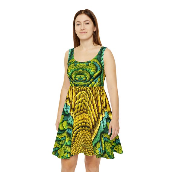 snake skater dress boohoo Women's Snake Print Chiffon Long Sleeve Skater Dress