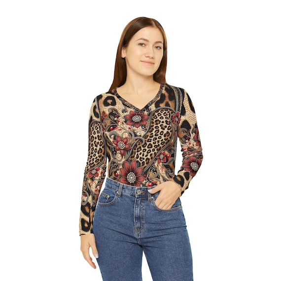 Leopard Print V-neck Top | Women's Long Sleeve Shirt - Etsy