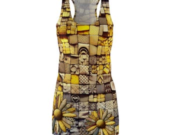 May include: A racerback tank dress featuring a repeating grid pattern of various yellow, gold, and beige textured squares. The lower portion of the dress displays two large, detailed yellow flower blossoms with prominent petals and circular centres.