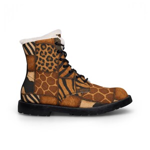 May include: A patchwork combat boot featuring various animal print patterns, including leopard, zebra, and giraffe. The boot has a black sole, black laces, and a faux fur lining. The overall color palette is brown, tan, and black.