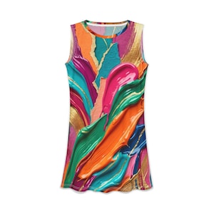 May include: A sleeveless tank top featuring a vibrant, abstract print with thick, textured brushstrokes in shades of bright orange, teal, magenta, and deep blue, accented with metallic gold streaks throughout the entire garment surface.