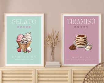 Set van 2 Dessert Retro Vintage Prints, Tiramisu en Gelato moderne keukeninrichting, popfood kunst, illustratieliefhebber, Italiaans ijs