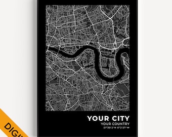 Custom Digital Download Map Prints, Any Location, Custom City Map, Digital File City Print, City Maps, Map Print, Map Print Poster, Dark Map