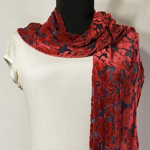 Red and Black Velvet Burnout Devore Scarf  |  14 x 72 inches  |  Silk and Rayon  |  Hand Dyed Hand Painted  | Rose Pattern with Fringe