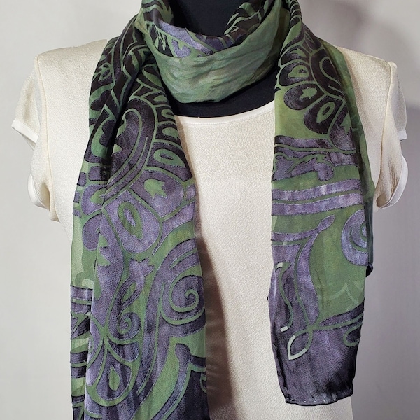 Green and Black Satin Burnout Devore Scarf  |  15 x 60 inches  |  Silk and Rayon  |  Hand Dyed Hand Painted  | Arabesque Pattern