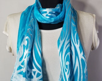 Hand-Dyed Blue Devore Scarf: Silk Rayon Art Deco Burnout Scarf