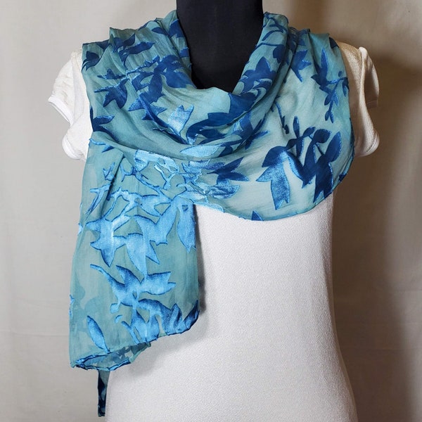 Blue and Green Satin Burnout Devore Scarf  |  15 x 60 inches  |  Silk and Rayon  |  Hand Dyed Hand Painted  | Branches Pattern
