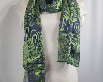 Hand-Dyed Green Burnout Scarf: Silk Rayon Art Nouveau Devore
