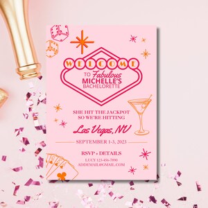 Plantilla de invitación e itinerario para despedida de soltera en Las Vegas, fin de semana de chicas en Las Vegas, invitación para despedida de soltera