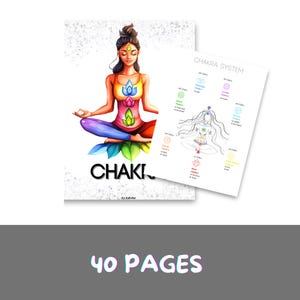 Może przedstawiać: Kolorowa ilustracja kobiety w pozie jogi z siedmioma czakrami przedstawionymi na jej ciele. Obraz nosi tytuł "Chakra System" i zawiera opis każdego czakra.