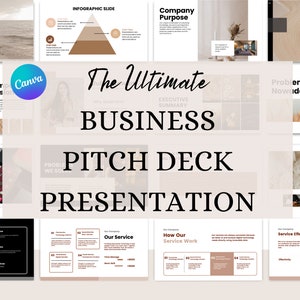 May include: A beige and brown presentation template with the text "The Ultimate Business Pitch Deck Presentation" in black. The template includes slides for company vision, mission, problems, solutions, services, and service effectiveness.