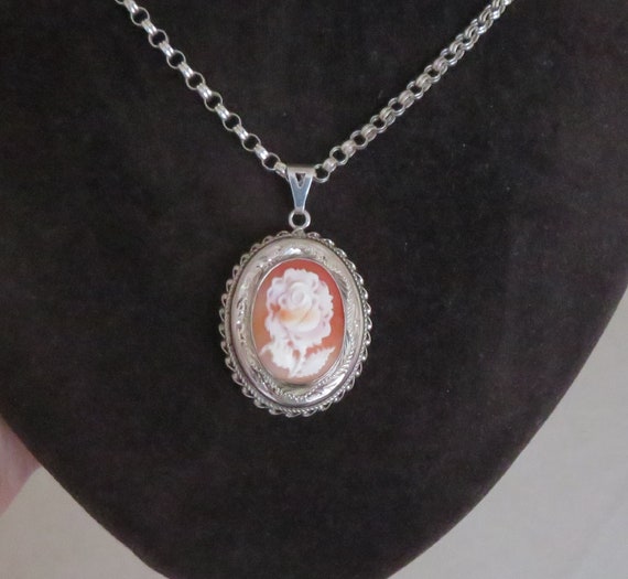 Sterling Silver locket necklace with Carved Shell… - image 1