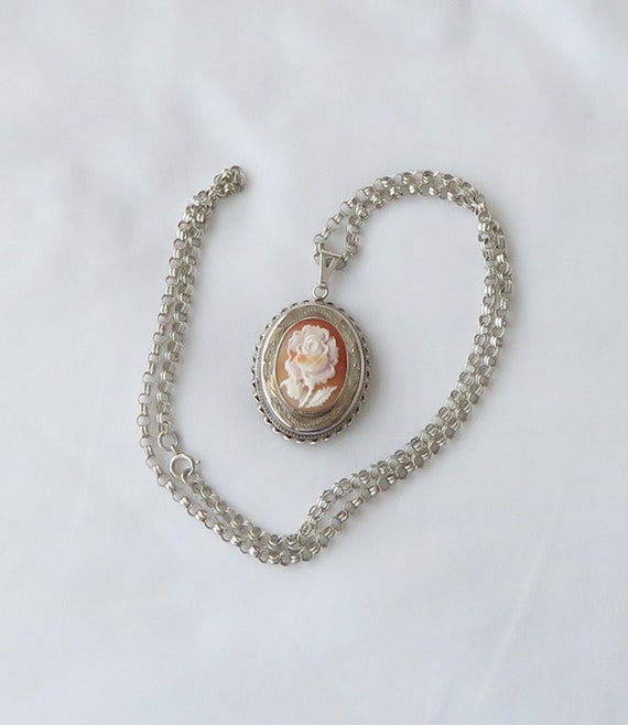 Sterling Silver locket necklace with Carved Shell… - image 2