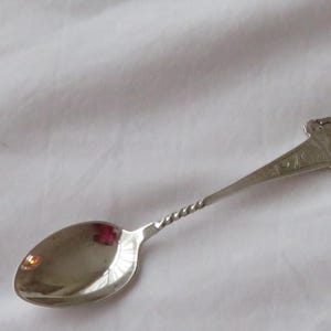 Puede incluir: Una cuchara plateada con mango retorcido y parte superior decorativa. El cuenco de la cuchara es de forma ovalada y refleja la luz ambiental. El mango tiene un diseño retorcido y la parte superior presenta un patrón ornamentado.