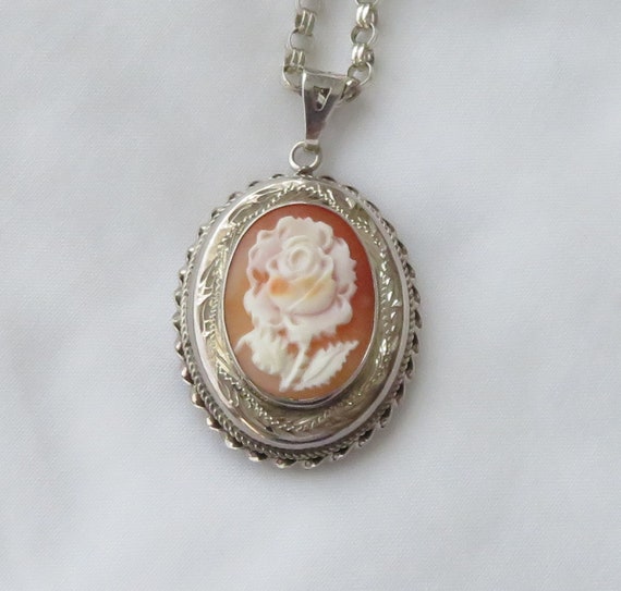 Sterling Silver locket necklace with Carved Shell… - image 3
