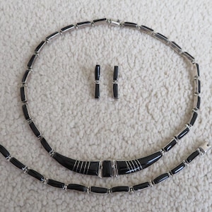 Vintage Taxco Mexico 950 Silver Modernist Hinged Necklace Bracelet and Earrings Set - black Onyx