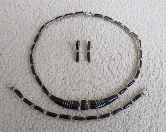 Vintage Taxco Mexico 950 Silver Modernist Hinged Necklace Bracelet and Earrings Set - black Onyx
