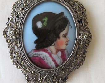 Vintage Sterling Silver hand painted Cameo brooch - Marcasite setting