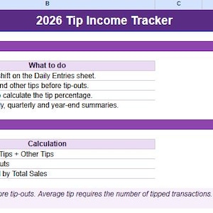 May include: A digital spreadsheet titled 2026 Tip Income Tracker with purple headers. It includes instructions on how to use the workbook, steps for entering work shifts, tips, and sales, and a section defining calculations for gross tips, net tips, and tip percentage.