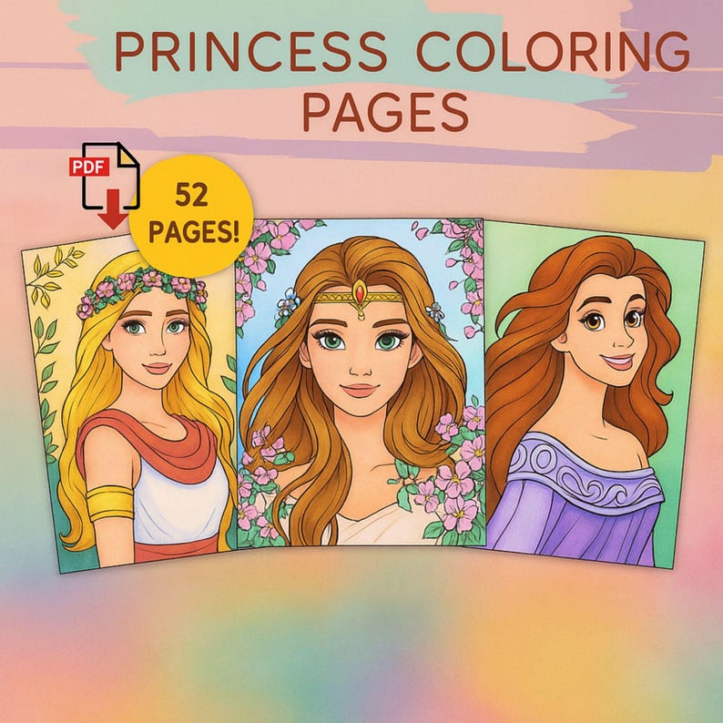 Princess Coloring Pages, 52 Printable Illustrations (digital Download ...