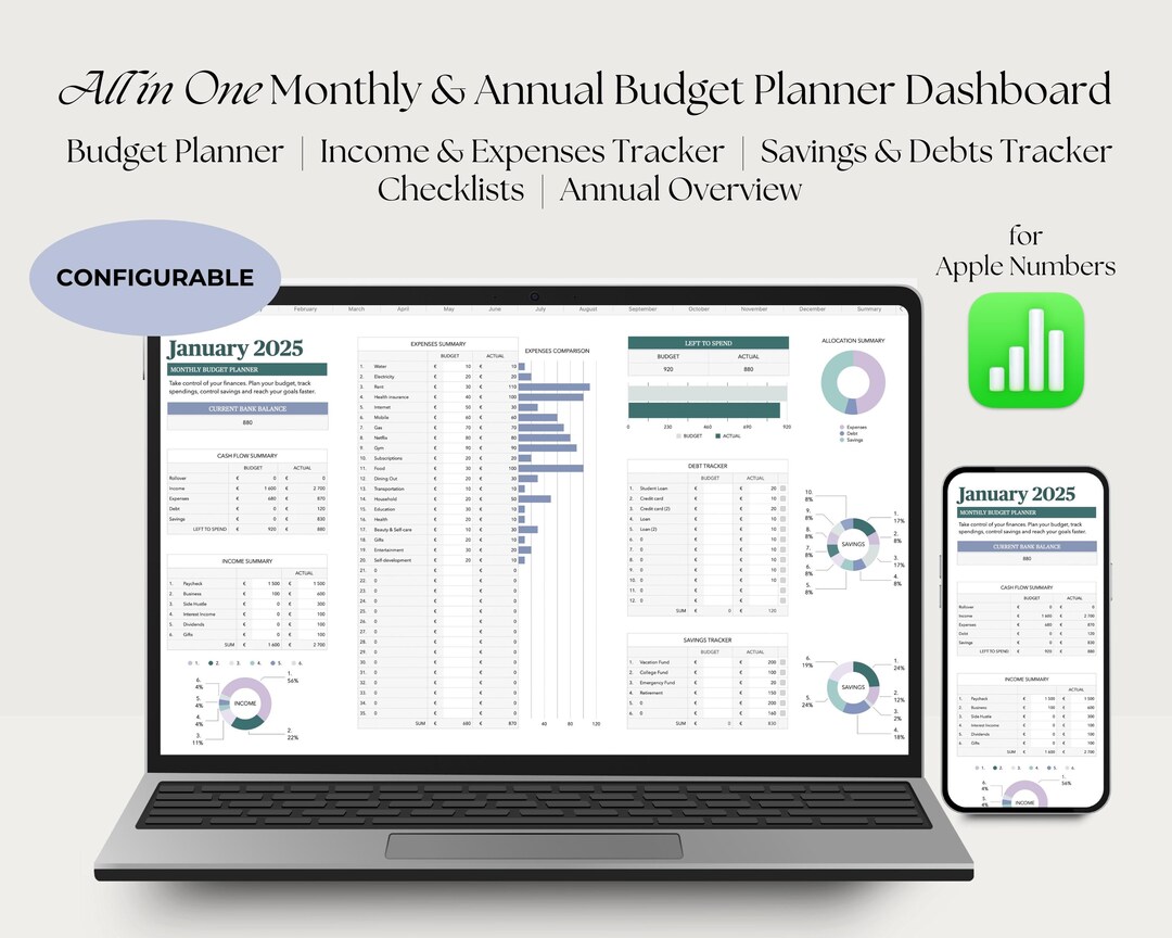 Configurable All in One Monthly & Annual Budget Planner Dashboard for ...