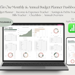 Könnte beinhalten: Ein Laptop und ein Smartphone, die ein Budgetplaner-Dashboard anzeigen. Der Laptop-Bildschirm zeigt Diagramme und Tabellen für Einnahmen, Ausgaben, Ersparnisse und Rechnungen. Das Smartphone zeigt eine ähnliche Oberfläche. Text enthält "All in One Budget Planner".