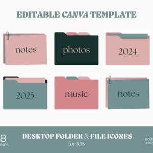May include: A digital graphic showing six folder icons in pink, teal, and dark green. Each folder is labelled with text such as "notes," "photos," "2024," "2025," and "music." The words "EDITABLE CANVA TEMPLATE" are at the top.