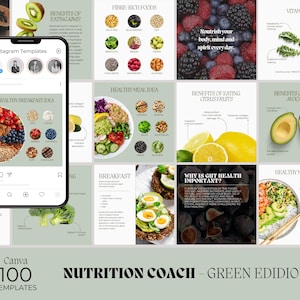 Nutrition Coach and Dietician Instagram Posts Canva Templates Bundle, Health and Wellness Coach Social Media Templates - 100 Posts - Green
