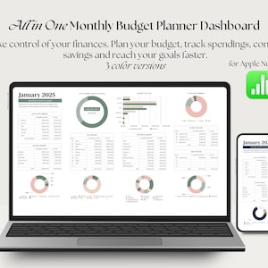 Puede incluir: Un ordenador portátil que muestra un panel de planificación de presupuesto mensual para Apple Numbers. El panel incluye gráficos, tablas y diagramas para ayudar a los usuarios a realizar un seguimiento de sus finanzas. El texto en la pantalla dice "Enero 2025".