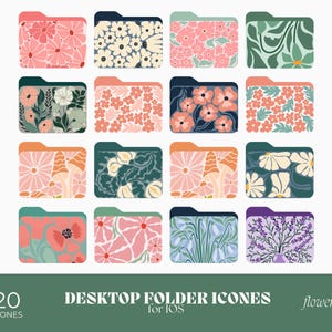 Peut inclure: Vingt icônes de dossiers de bureau à thème floral pour iOS. Les icônes présentent une variété de motifs floraux en rose, vert, bleu et blanc.