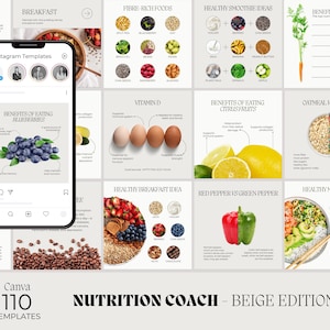 Può includere: Una collezione di 110 modelli Instagram per un coach di nutrizione. I modelli presentano vari cibi sani, tra cui mirtilli, agrumi, carote, farina d'avena e peperoni. I modelli sono progettati in uno schema di colori beige e includono testo sui benefici del mangiare questi cibi.
