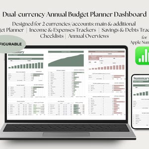 Op de afbeelding: Een laptop en smartphone met een financieel dashboard. Het laptopscherm toont grafieken en gegevens, met de tekst "Dual-currency Annual Budget Planner Dashboard". De smartphone toont een samenvatting. Ontworpen voor Apple Numbers.