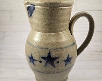 Vintage Handmade Rowe Pottery Works Pitcher, Rowe Pottery Salt Glaze Star Design 9" Pitcher