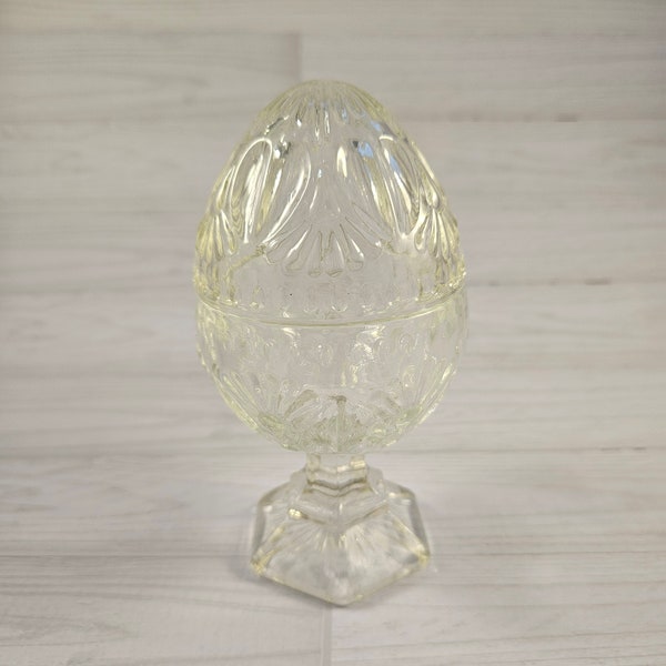 Vintage Avon Glass Egg Trinket Box, Avon Pressed Glass Crystal Egg Shape Covered Dish 5" Tall