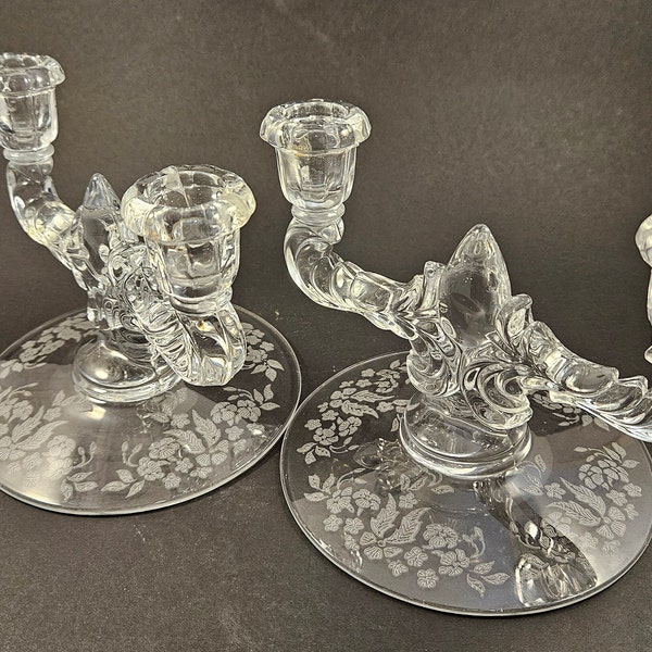 Vintage Beautiful Clear Glass Double Candelabra set of 2,  Ornated Etched Double Candlestick Holders